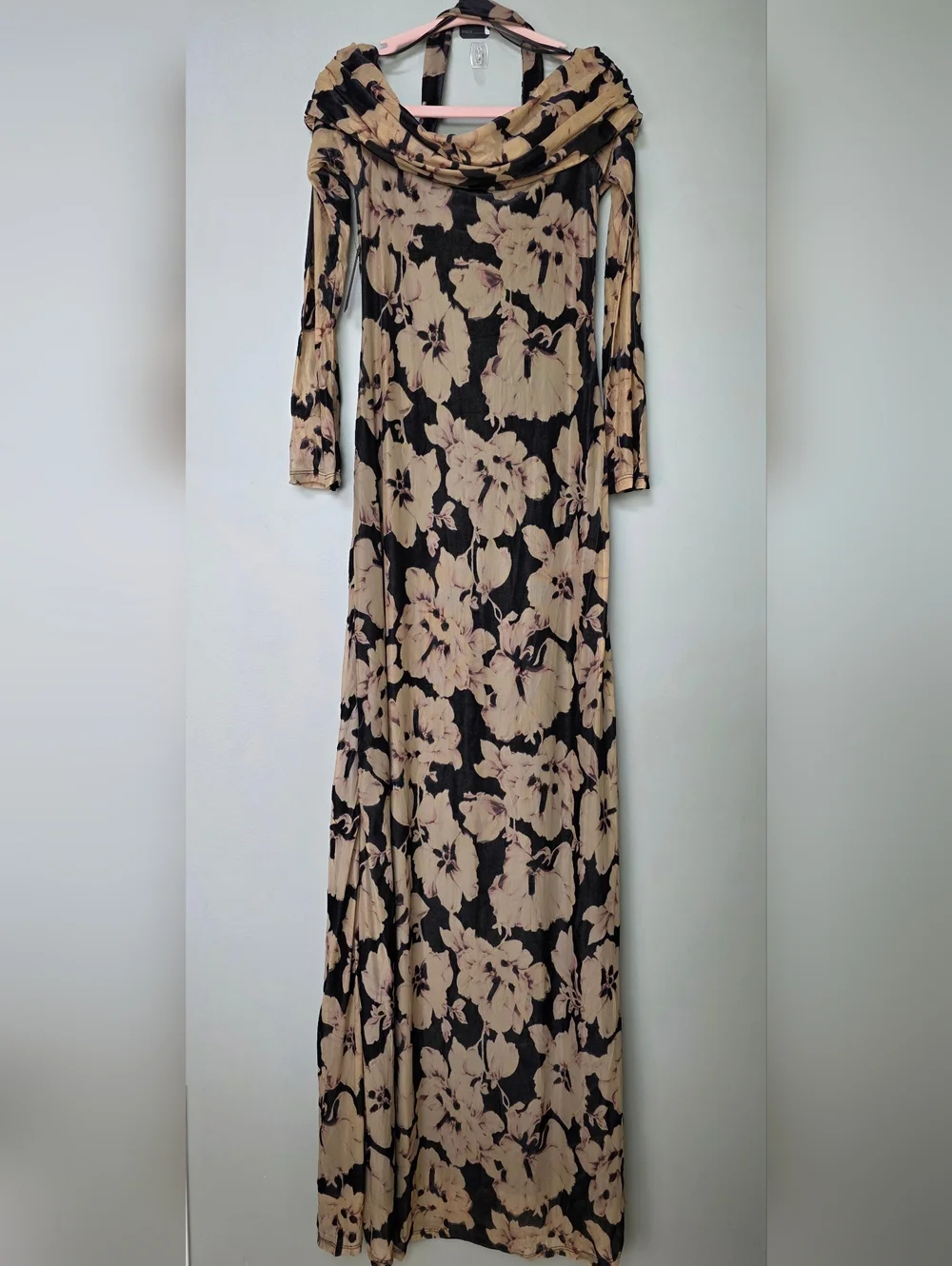 AFRM Arielle Burnout Velvet Off-Shoulder Halter Maxi Dress, Ivory Peony, XS